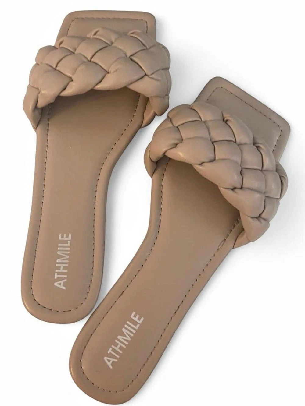Athmile Braided Square Open Toe Slide Sandals Brown US 10